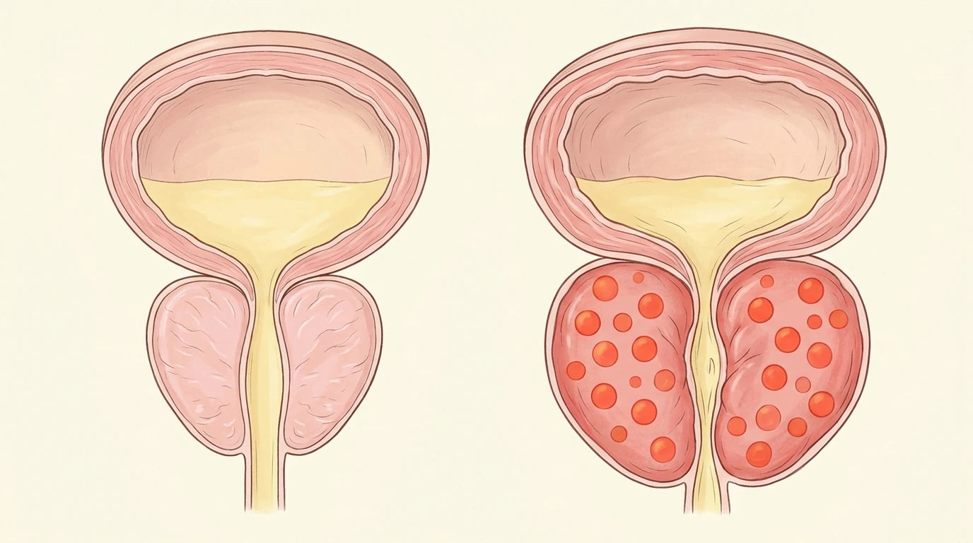 A healthy prostate compared to an enlarged prostate. The red dots are the inflammation that turns the bladder lining into a faulty signal.