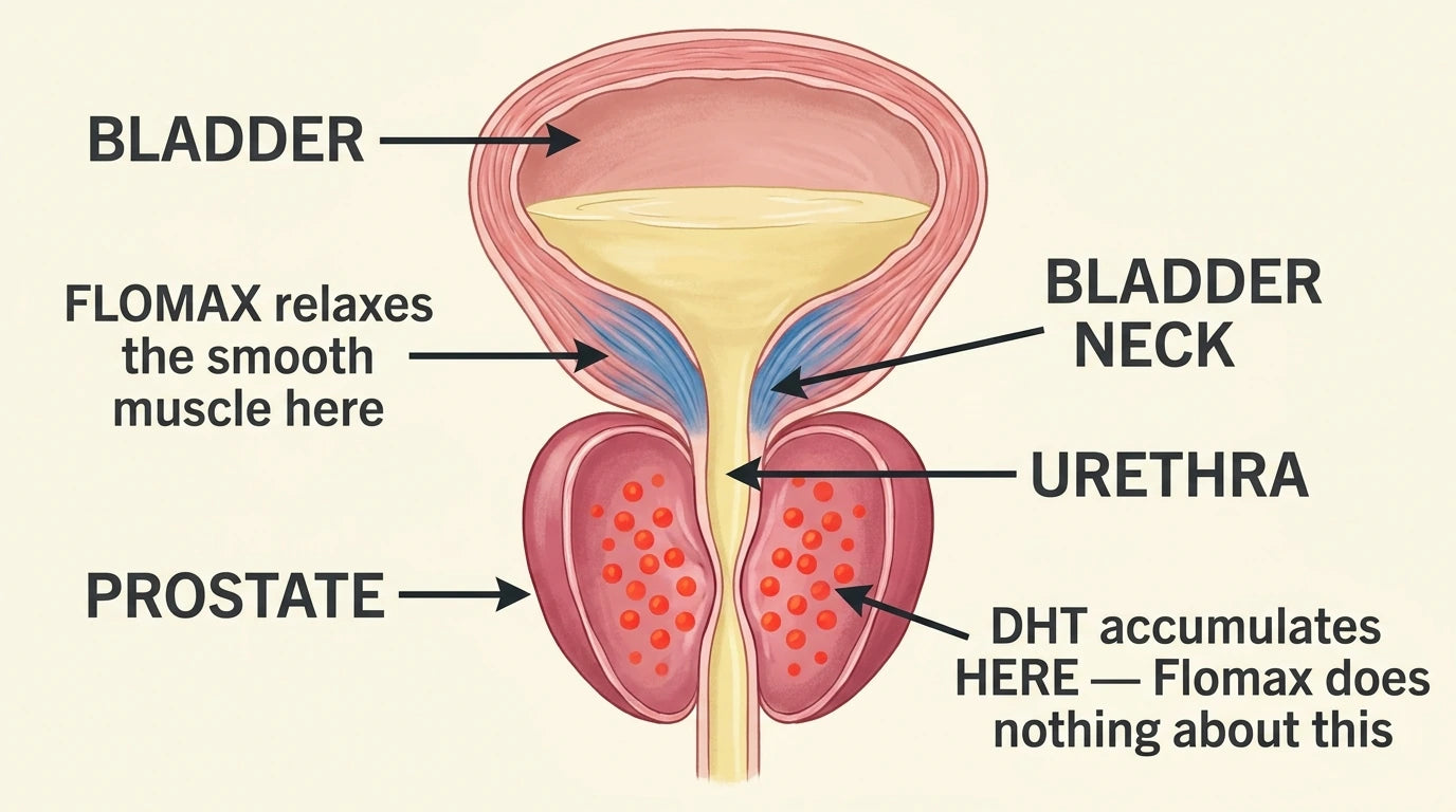 Anatomical diagram showing where Flomax relaxes the smooth muscle (bladder neck) and where DHT accumulates (prostate). Flomax does not act on the cause.