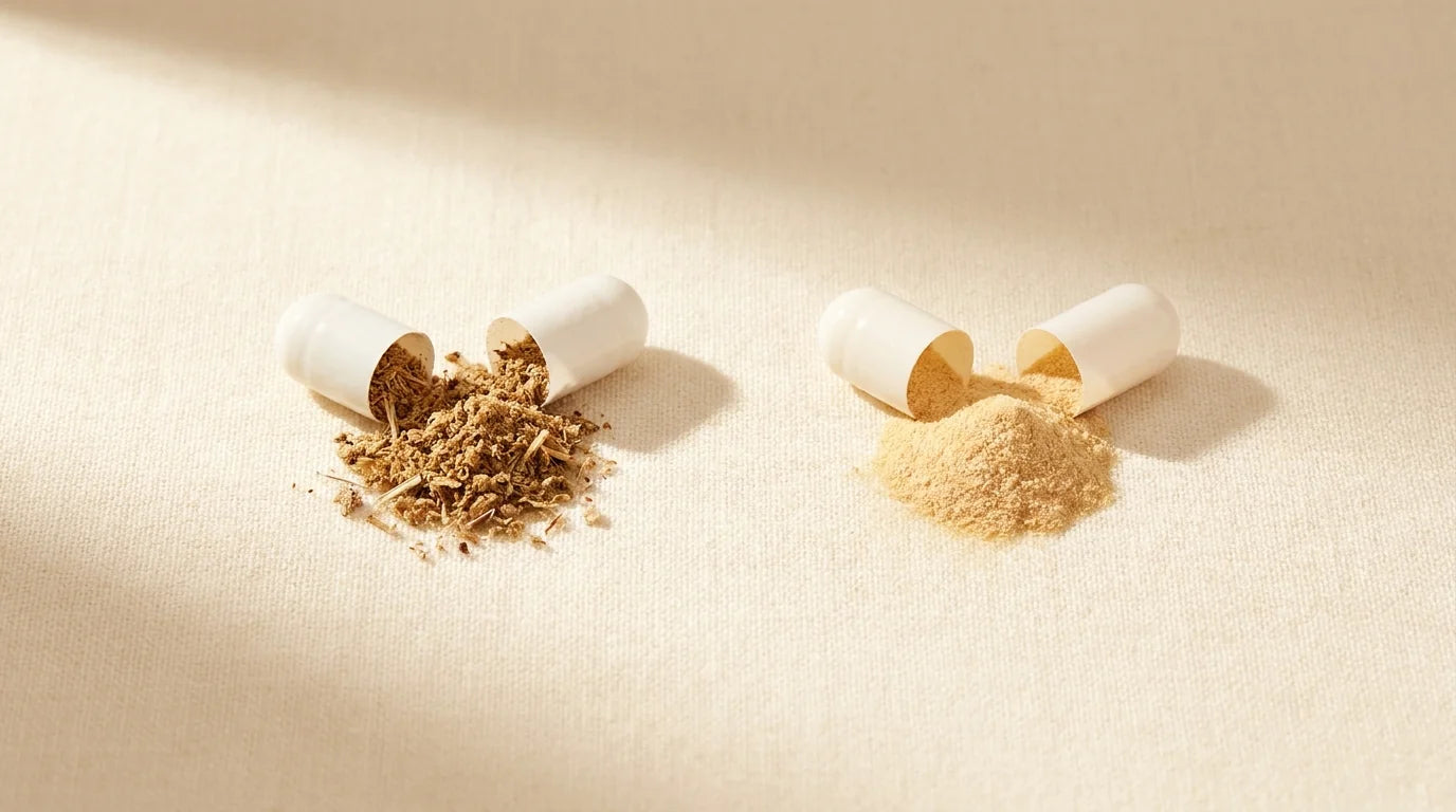 Same capsule, dramatically different contents — raw berry powder vs concentrated liposterolic extract
