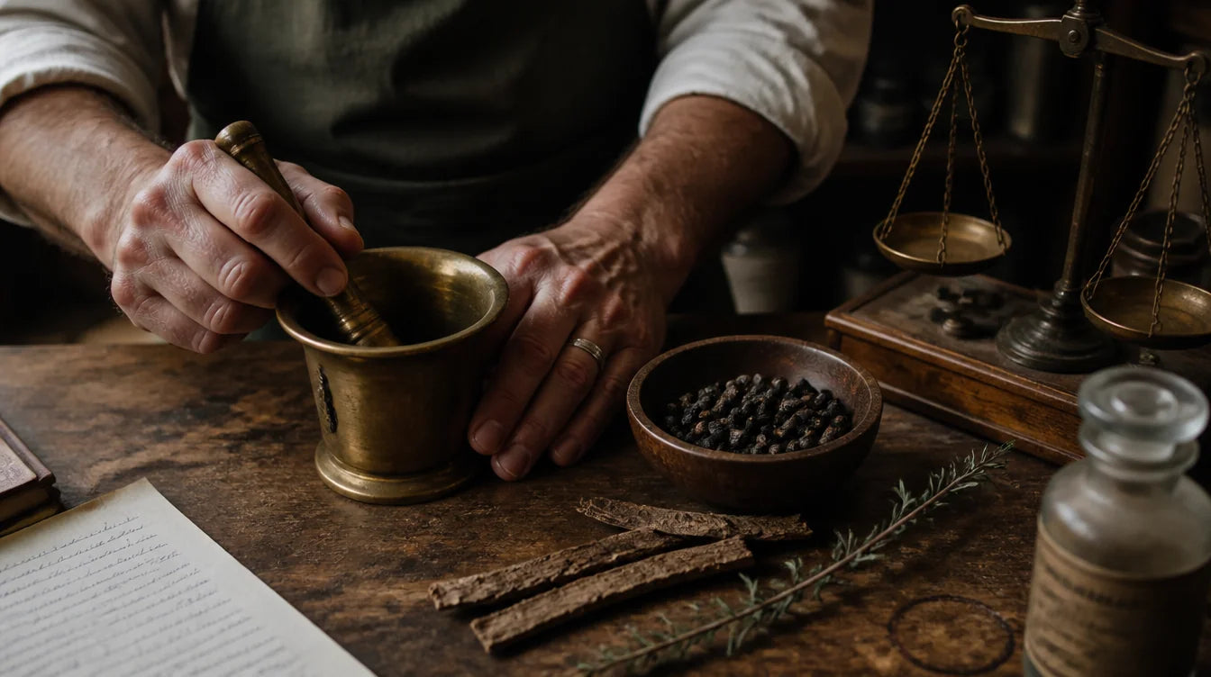 Walter Greaves at his apothecary bench — saw palmetto berries, brass mortar, parchment notes