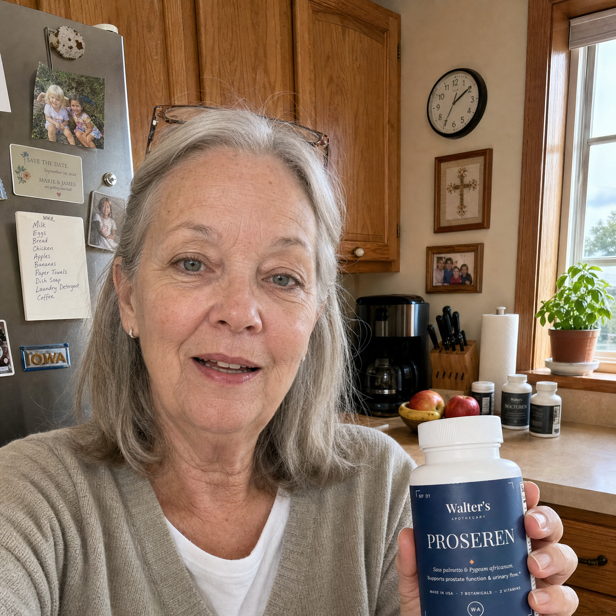 Patricia H., 65, holding the Walter's PROSEREN bottle she reorders for her husband, in her Cedar Rapids, Iowa kitchen — verified buyer review photo