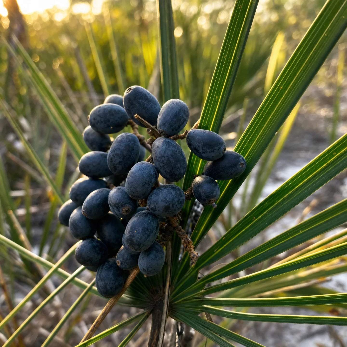 Wild saw palmetto berries on the frond — the source nobody can patent