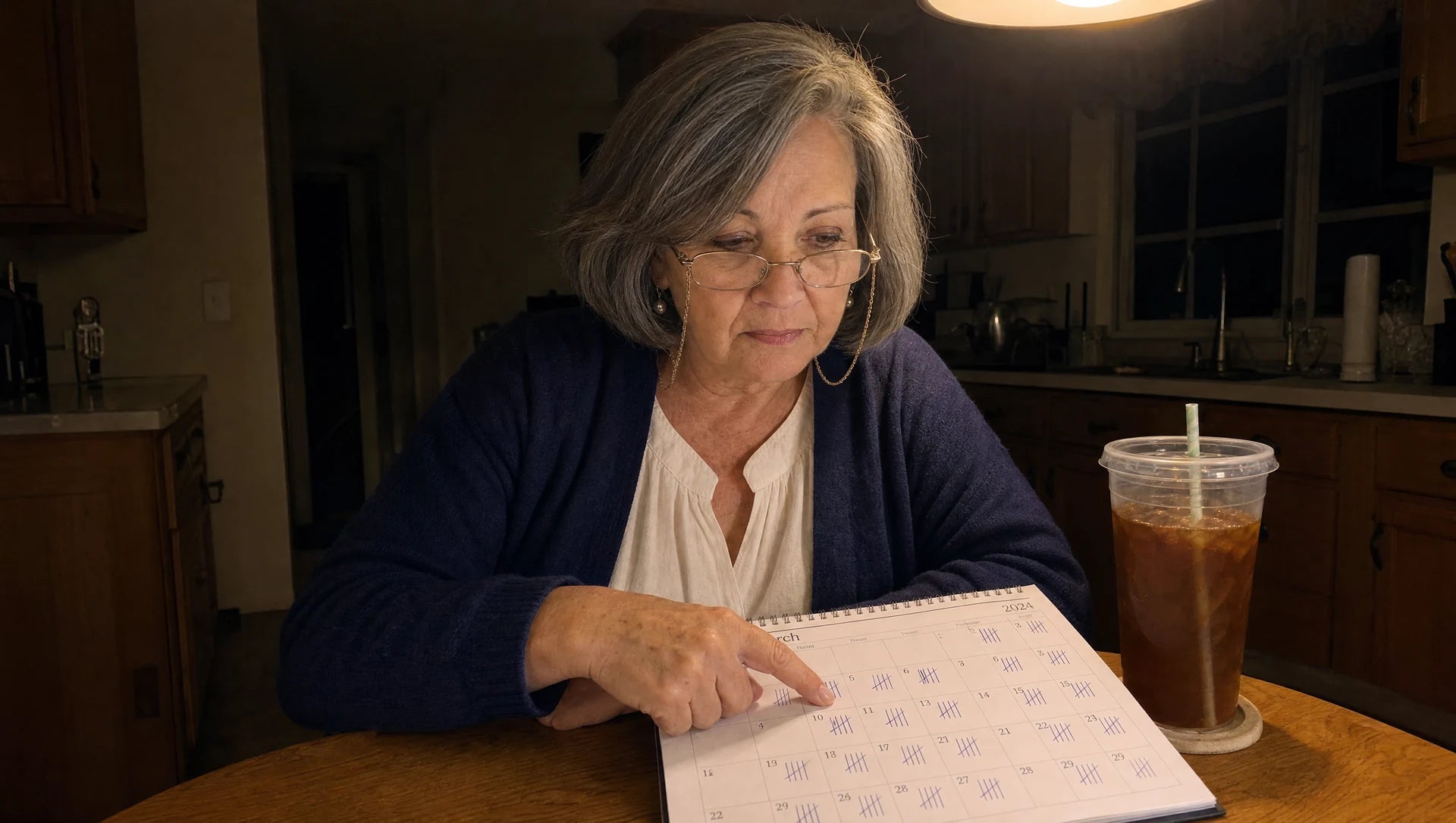 Carol at the kitchen table at night, calendar open, finger counting backward